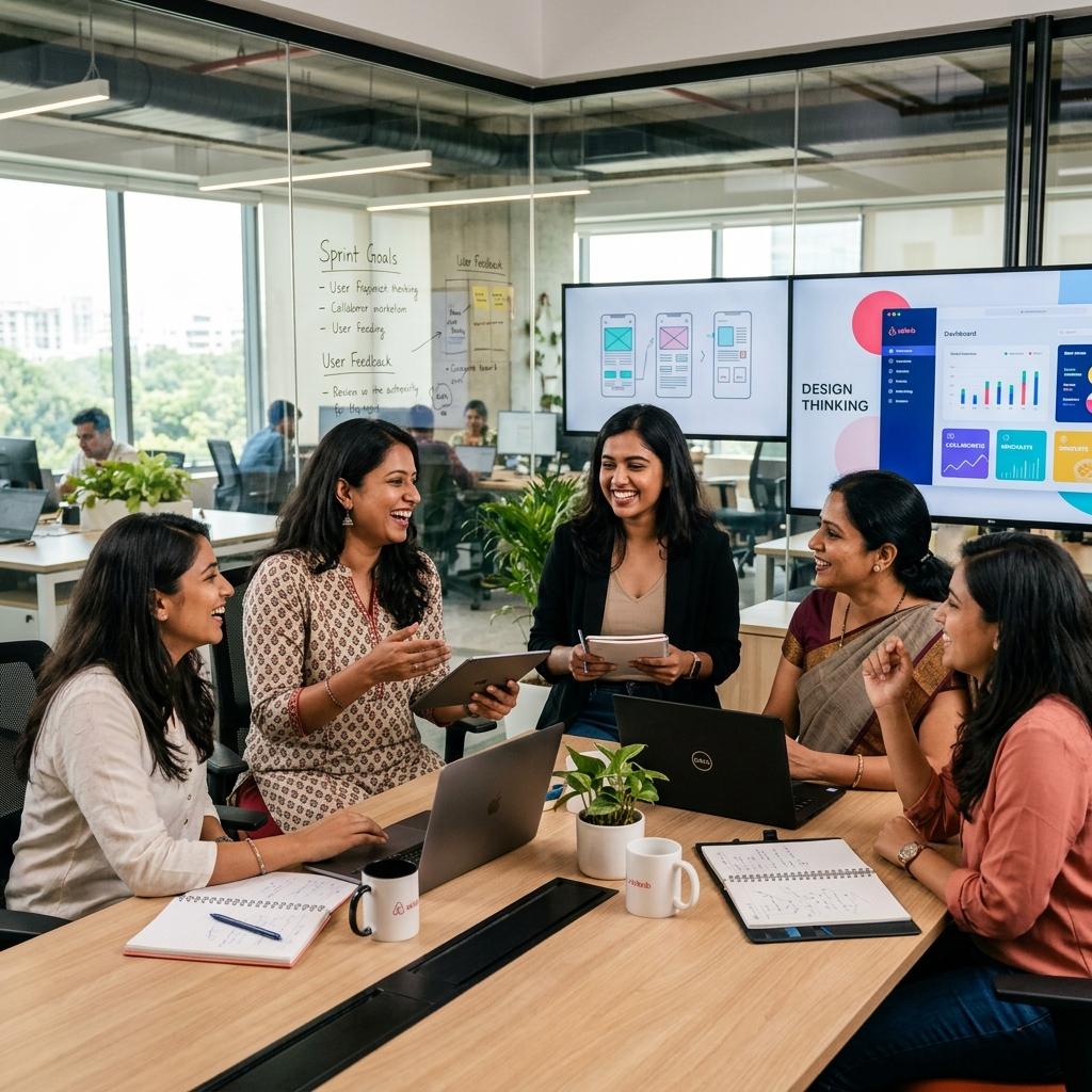 Indian women collaborating in a modern tech workspace